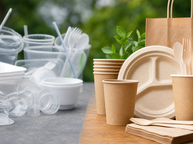 Plastic takeaway versus biodegradable cups plates and wooden cutlery
