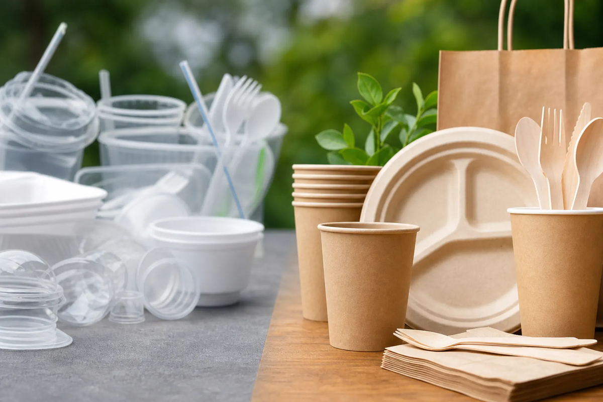 Plastic takeaway versus biodegradable cups plates and wooden cutlery