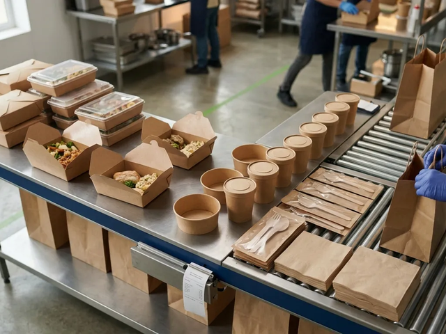 Cloud kitchen packing station with meal boxes cups and kraft bags