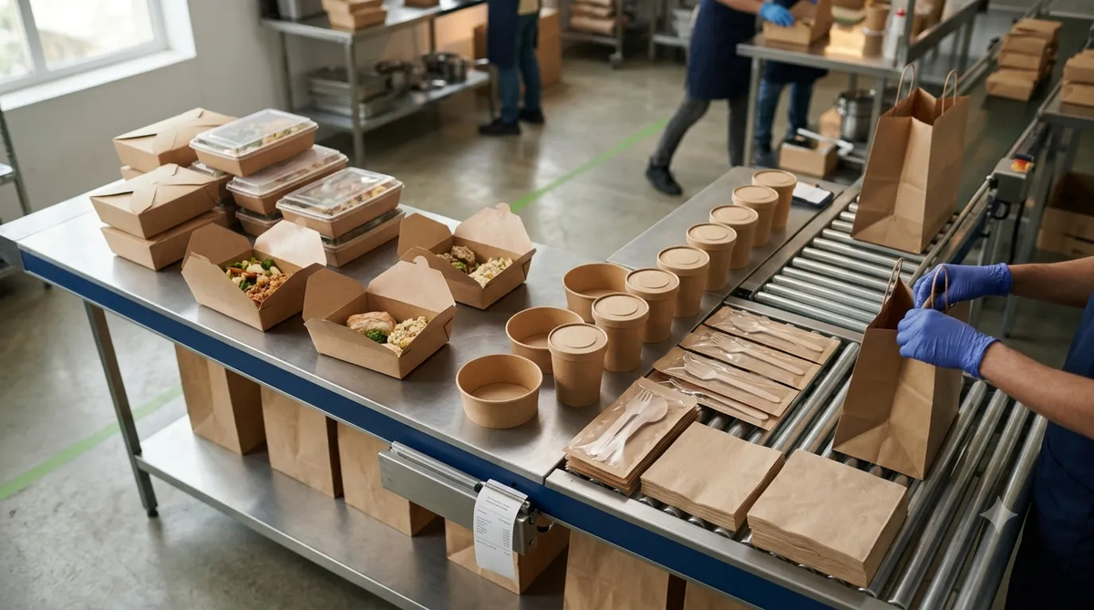 Cloud kitchen packing station with meal boxes cups and kraft bags