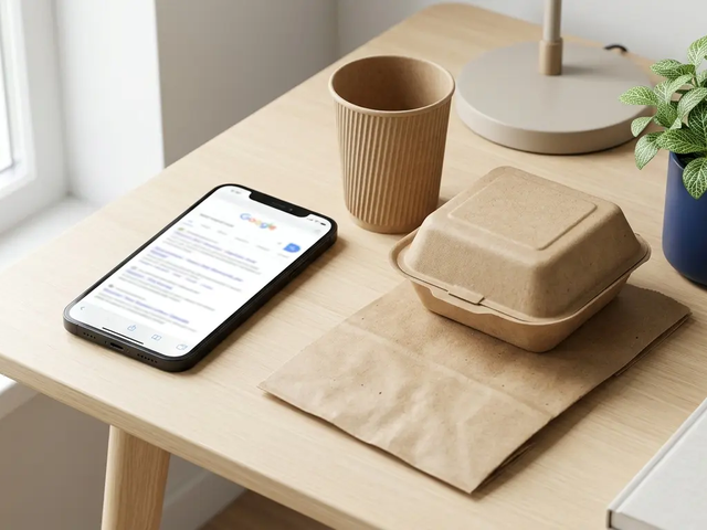 Smartphone search beside kraft packaging samples — eco packaging trends