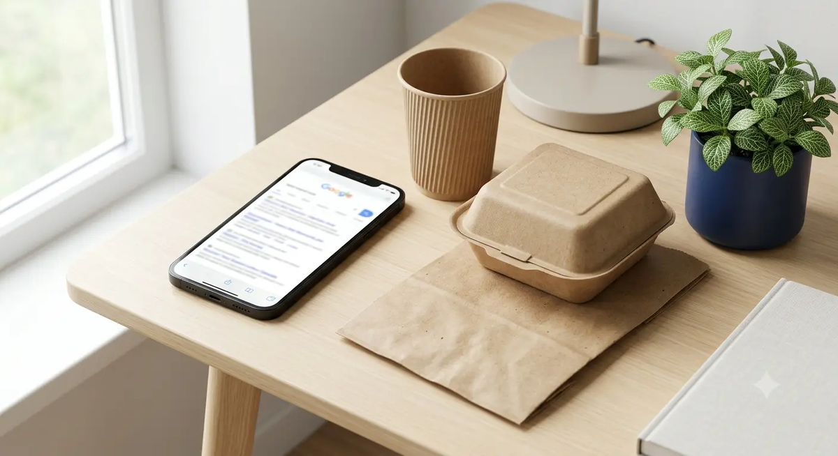 Smartphone search beside kraft packaging samples — eco packaging trends