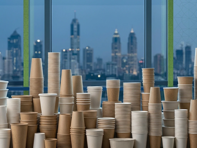 Stacked paper cups with soft Mumbai skyline — Maharashtra cups market 2026