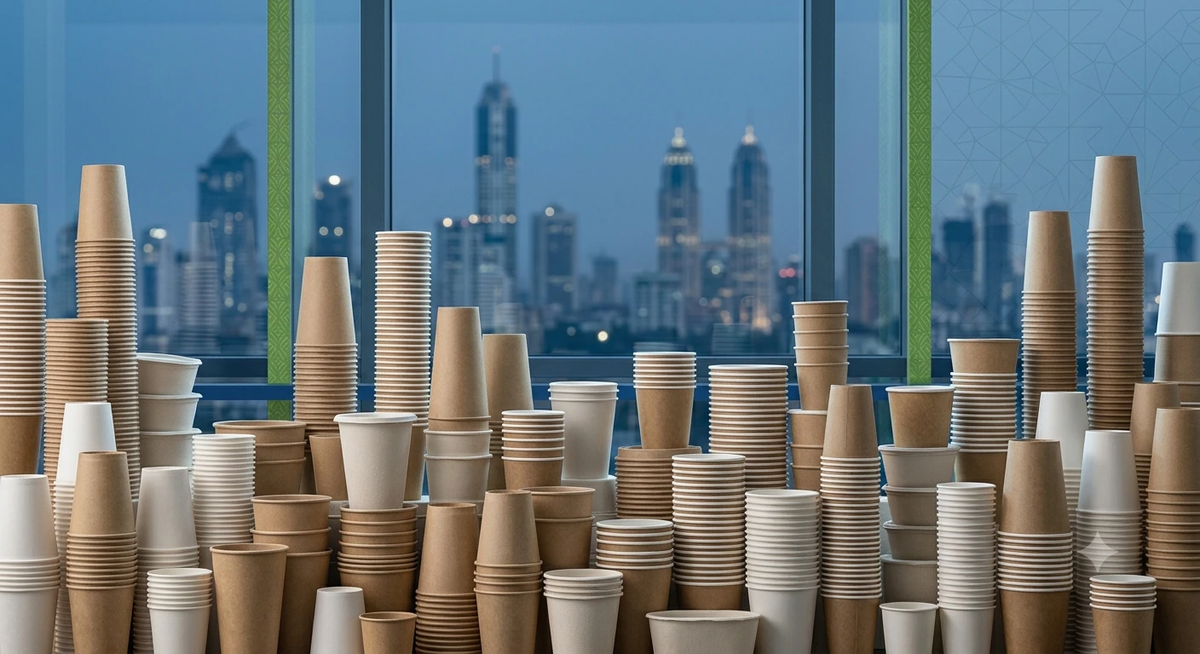 Stacked paper cups with soft Mumbai skyline — Maharashtra cups market 2026