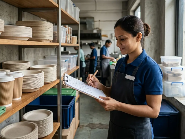 Restaurant manager checklist beside compostable cups replacing plastic