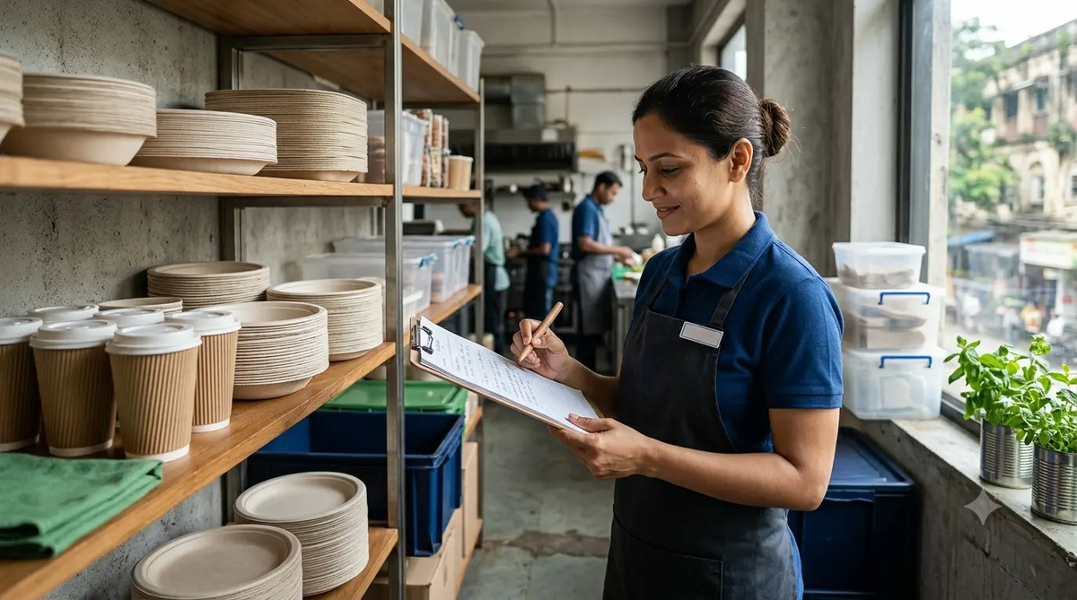 Restaurant manager checklist beside compostable cups replacing plastic