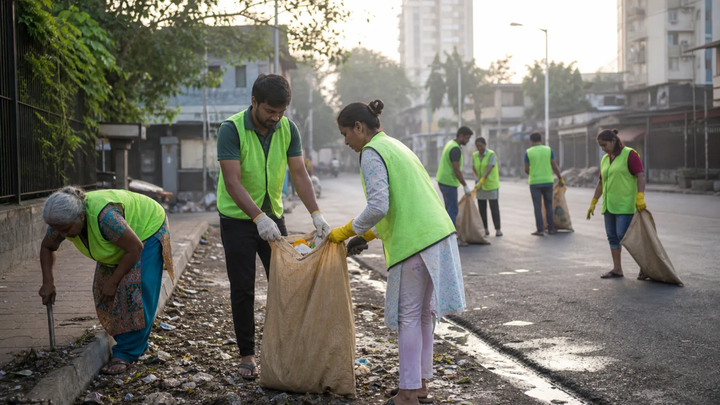 Morning community clean-up with kraft sacks in Mumbai neighbourhood