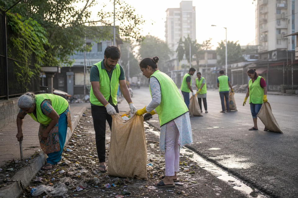 Morning community clean-up with kraft sacks in Mumbai neighbourhood