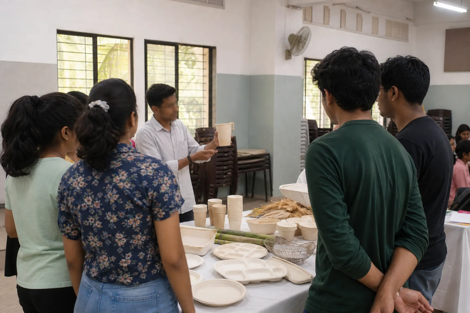 Workshop learning about biodegradable cups and bagasse plates