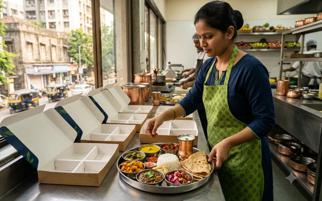 Kolhapur restaurant thali packed into biodegradable meal boxes