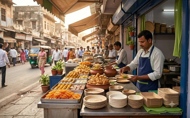 Nagpur street food counter with biodegradable plates and bowls