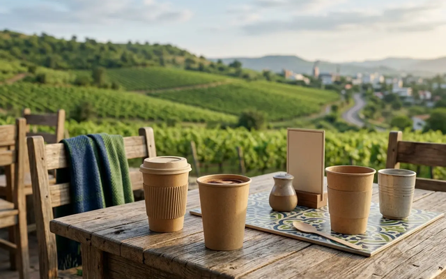 Nashik wine-country café outdoor table with paper cups