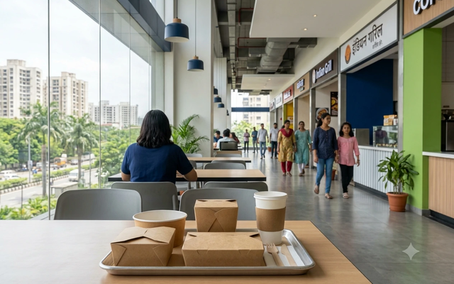Navi Mumbai food court corridor with tray packaging