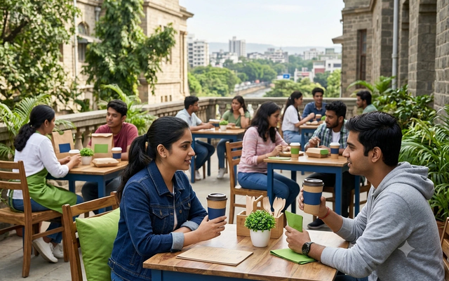 Pune café terrace students with paper cups — Deccan daylight