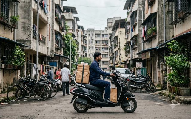 Thane MMR food delivery rider with kraft meal boxes