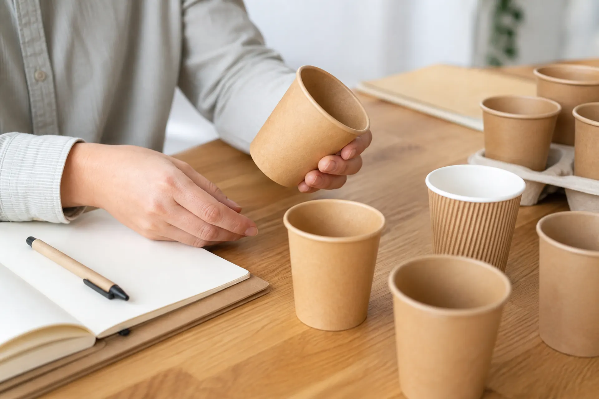 Hands arranging kraft paper cup samples on a light oak table — Intellect Kraft packaging consultancy