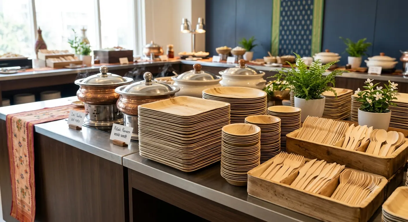 Hotel buffet with compostable plates, bowls and wooden cutlery — hospitality packaging Maharashtra