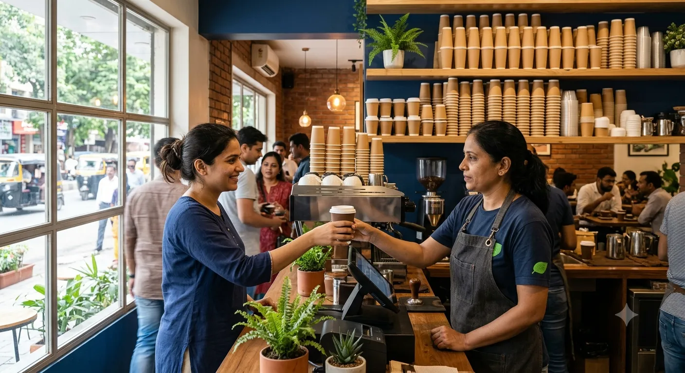 Pune specialty café barista handing hot paper cup to customer — QSR and café packaging