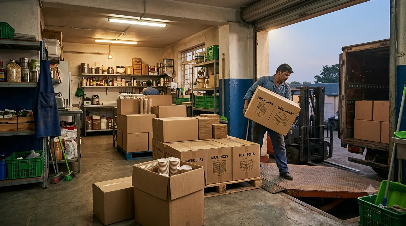 Wholesale cartons of paper cups and meal boxes at restaurant storeroom — institutional packaging